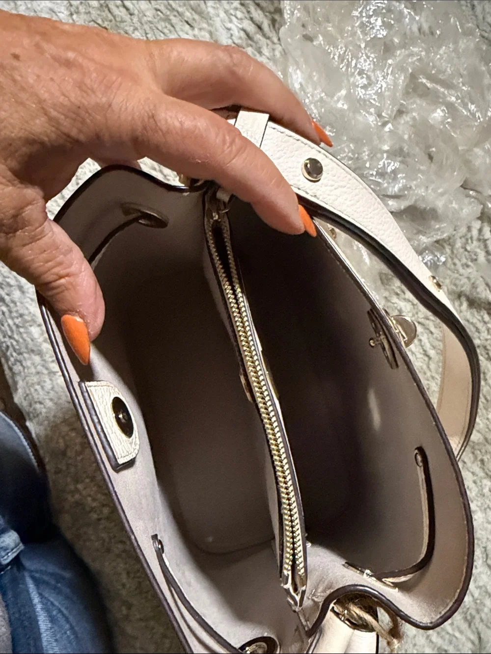 Cream Leather Shoulder Bag with Gold Accent